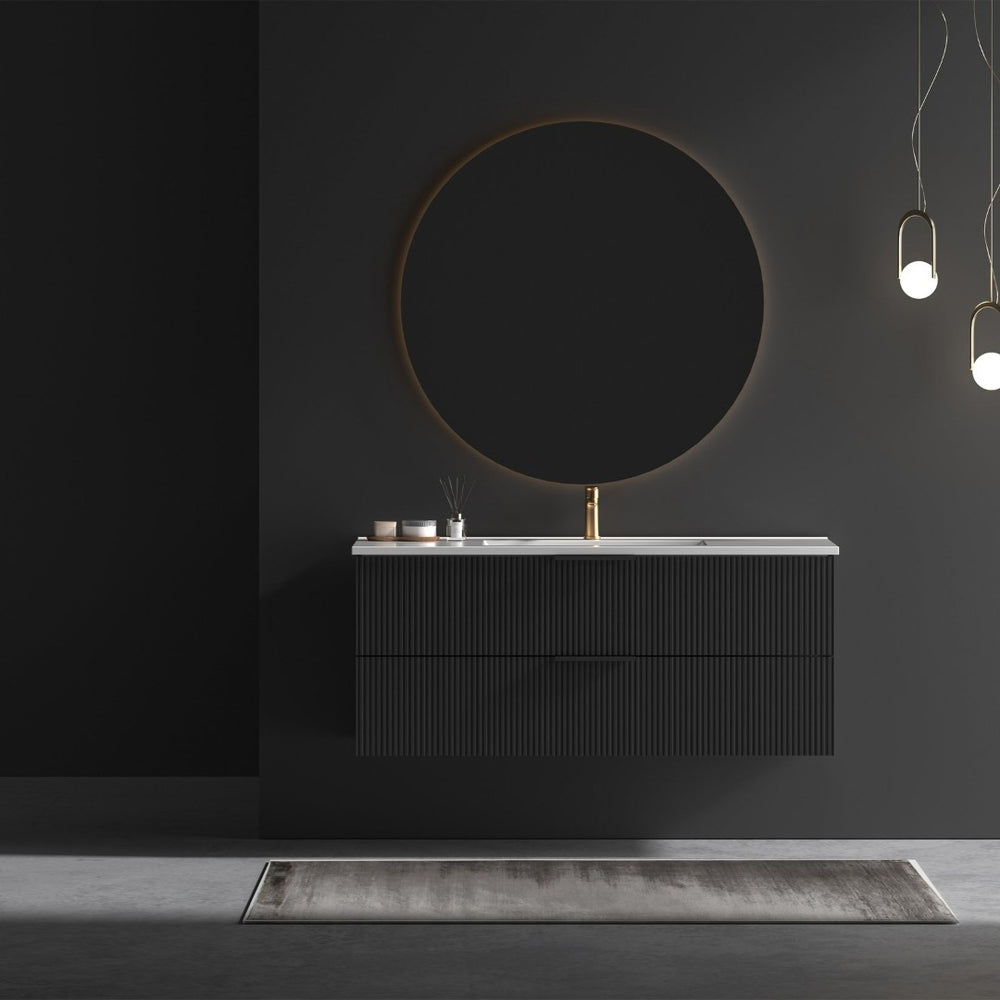 English Elm 48 Inch Floating Bathroom Vanity Fluted Matte Black with Ceramic Sink and Soft Close Drawers W3520S00040