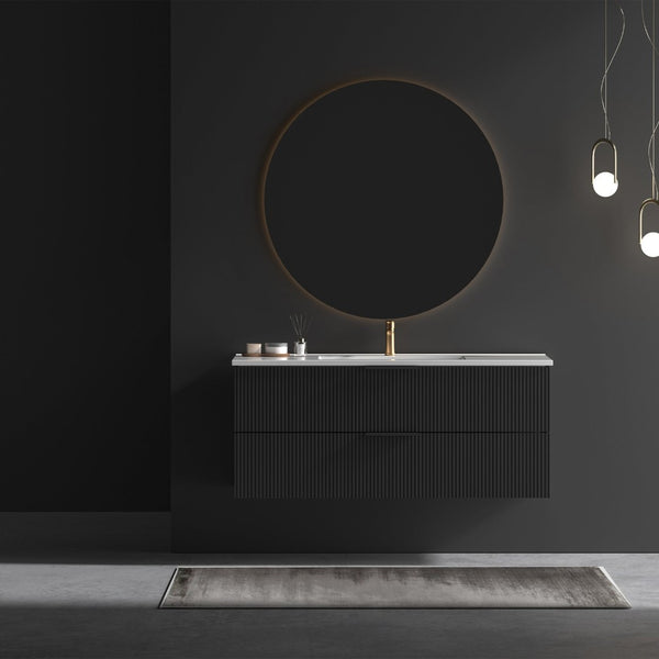 English Elm 48 Inch Floating Bathroom Vanity Fluted Matte Black with Ceramic Sink and Soft Close Drawers W3520S00040