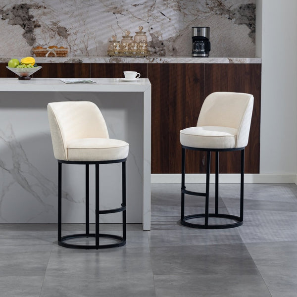 English Elm Counter Height Barstools Set of 2 Linen Upholstered Barrel Seat with Iron Legs Beige W395P410430