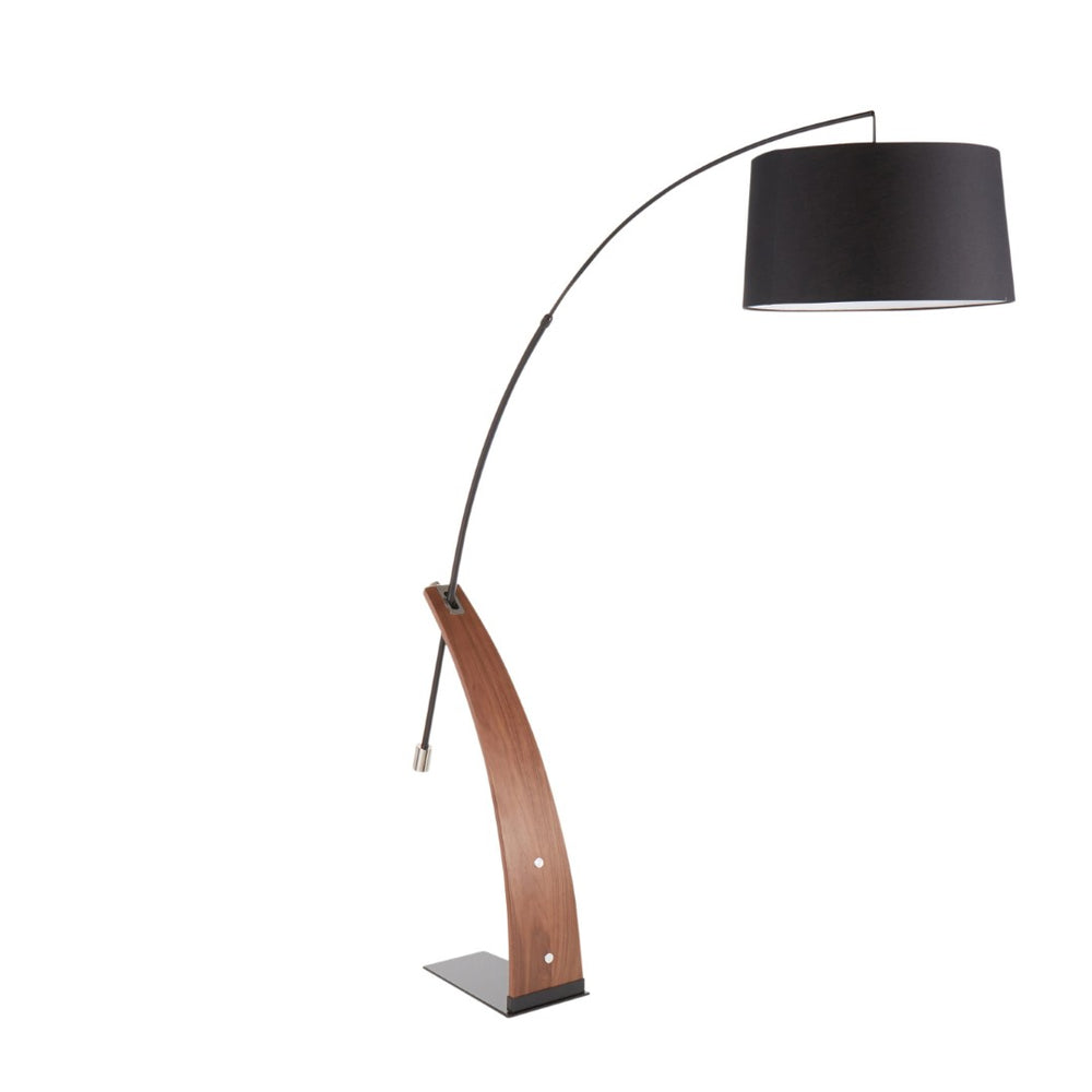 English Elm Mid-century Modern Arc Floor Lamp with Bentwood Base and Black Linen Reading Shade B202S02209
