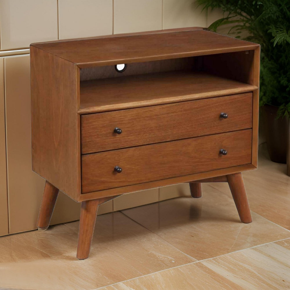 English Elm 2 Drawer Solid Wood Nightstand with Open Shelf and Splayed Legs for Modern Bedrooms B056P416796