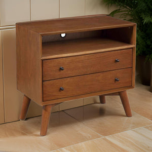 English Elm 2 Drawer Solid Wood Nightstand with Open Shelf and Splayed Legs for Modern Bedrooms B056P416796