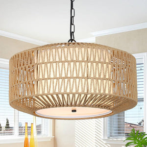 English Elm Farmhouse Chandelier Light Fixture - Hand-Woven Rattan 4-Light Pendant For Cozy Dining & Living Spaces W2738P185428
