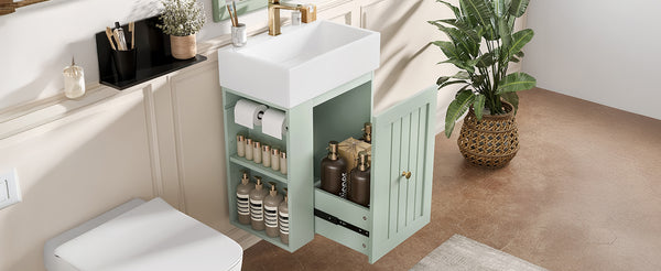 English Elm 20-Inch Compact Bathroom Vanity with Ceramic Sink, Wall-Mounted MDF Cabinet, Modern Space-Saver Design Green N725P314023F