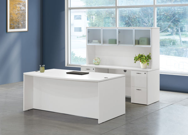 OSP Home Furnishings Napa Executive Desk with Glass Doors Overhead Storage and Locking Pedestal Filing Unit NAPWHT-TYP11G