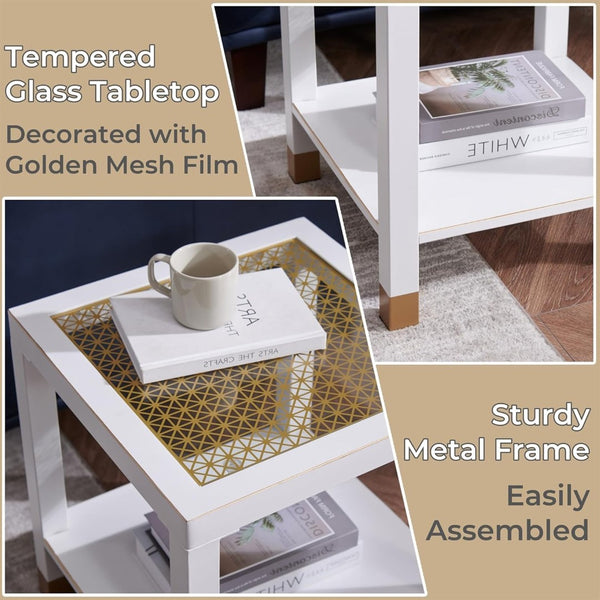 English Elm Glass Two Tier Square Side Table with Gold Mesh Tempered Top and Black Metal Frame White+Gold W3587P456323