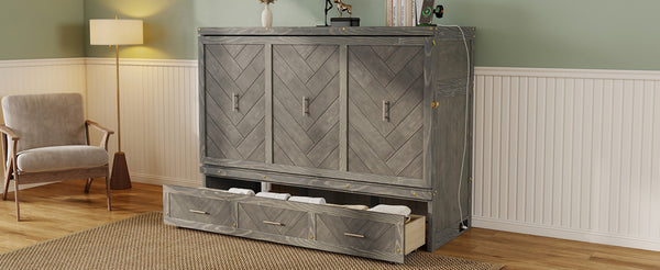 English Elm Queen Murphy Cabinet Bed Pine Wood Geometric Panel Antique Grey with Usb Charging W504S00302