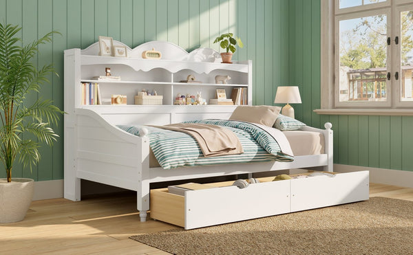 English Elm Twin Daybed Retro Wood Frame with Under Bed Drawers and Headboard Shelving White N733S415358K