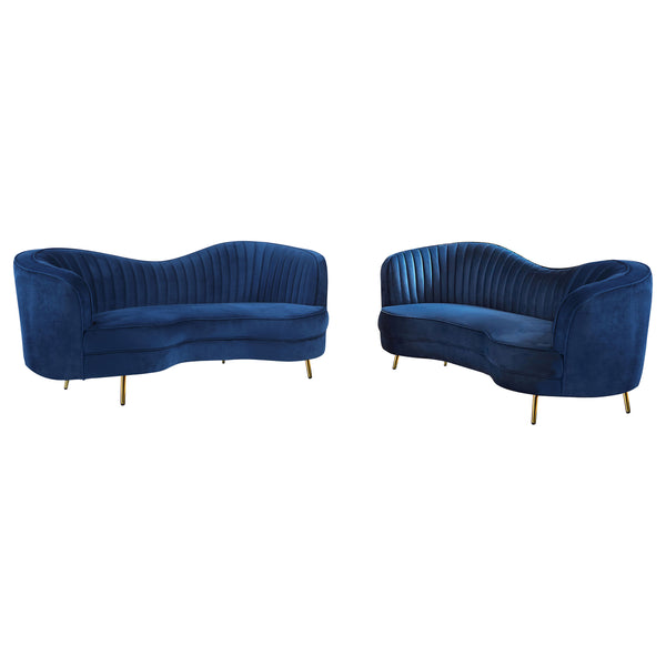 English Elm Marsden Blue Velvet 2-Piece Tufted Sofa & Loveseat Set with Gold Tapered Legs, Channel Back Elegance B062S00850