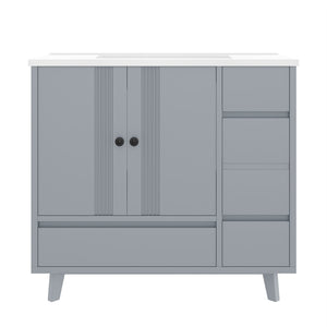 English Elm 36" Freestanding Bathroom Vanity Solid Wood Cabinet Ceramic Basin Four Drawers White W1580P382509