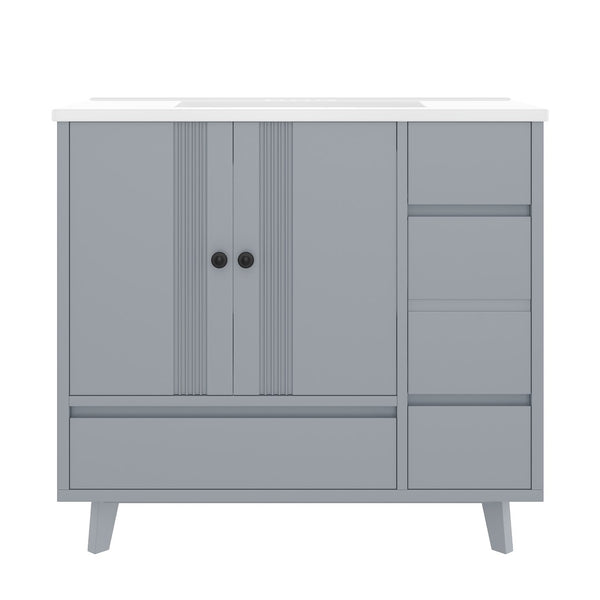 English Elm 36" Freestanding Bathroom Vanity Solid Wood Cabinet Ceramic Basin Four Drawers White W1580P382509