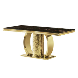 English Elm Gold Stainless Steel Dining Table With Sleek Black Tempered Glass Top - Modern Elegance & Durability W2723S00046