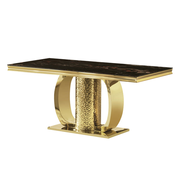 English Elm Gold Stainless Steel Dining Table With Sleek Black Tempered Glass Top - Modern Elegance & Durability W2723S00046