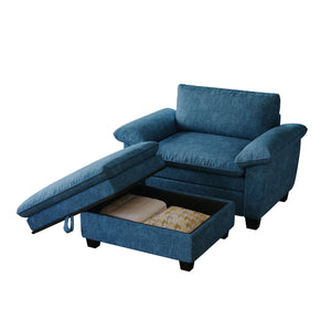 English Elm 51" Oversize Chaise Lounge Chair with Ottoman and Hidden Storage Upholstered in Soft Chenille Comfort Blue W1097S00153