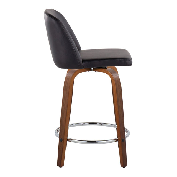 English Elm Toriano 24" Mid-Century Modern Counter Stool Set Of 2 With Swivel, Walnut Wood & Black Faux Leather B202S00131-GIGA