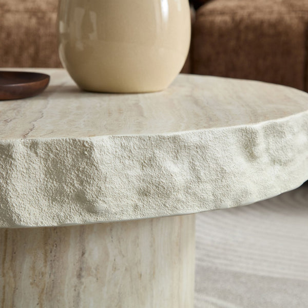 English Elm 31.69 Inch Round Fiberglass Coffee Table Sculptural Stone Finish for Modern Living Room W876P450501