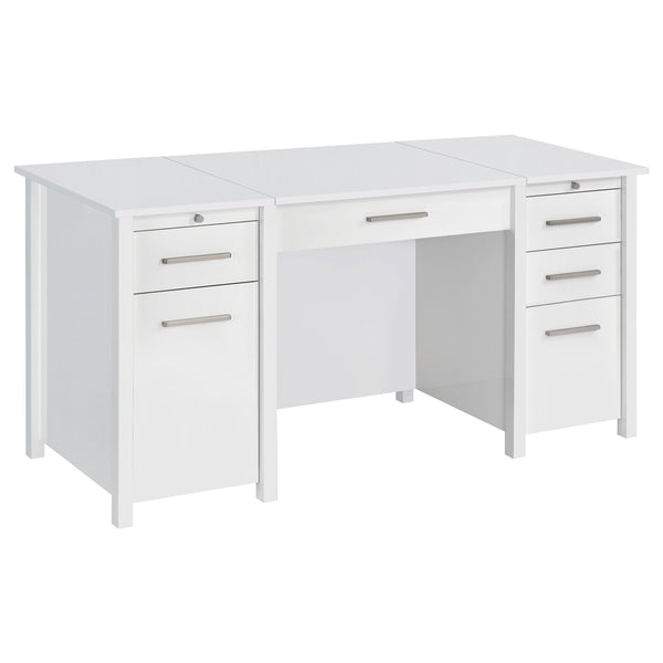 English Elm Rayna White High Gloss Lift-Top 60" Office Desk with 4 Easy-Glide Drawers & Brushed Zinc Hardware B062P351422