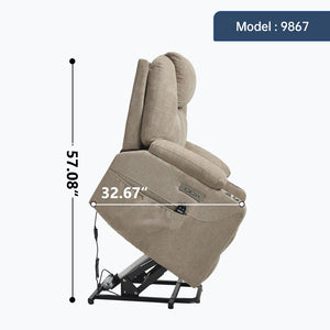 English Elm Up to 350 Lbs Chenille Power Lift Recliner with Massage Heating and Usb Charging Ports Khaki W3224S00026