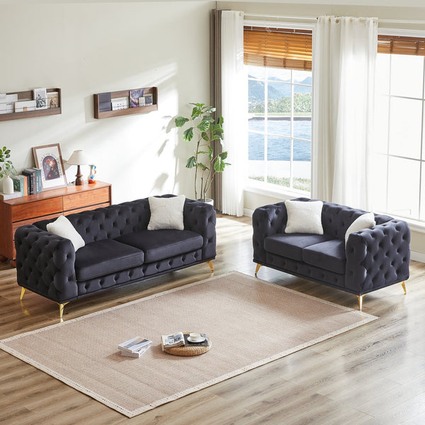 English Elm Fx Modern Velvet Sofa Combo - 3-Seater & 2-Seater Set With Metal Legs & 4 Plush Cushions For Comfort W1926S00076