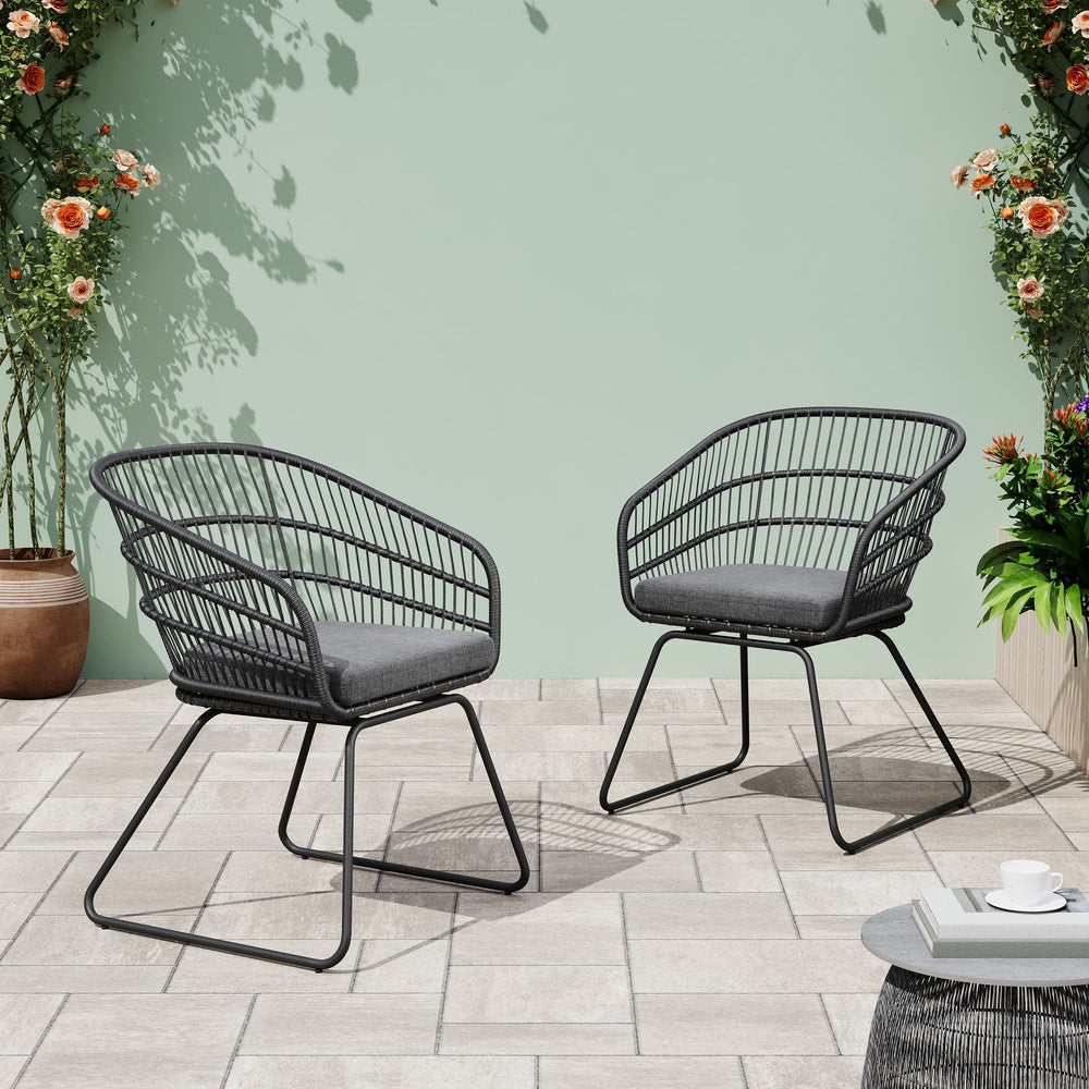 English Elm Christopher Knight Home® - TERRY Rattan Patio Chair Set (2) with Cushions, Gray Iron Frame, 300 lb Capacity, Quick Assembly N762P240844E