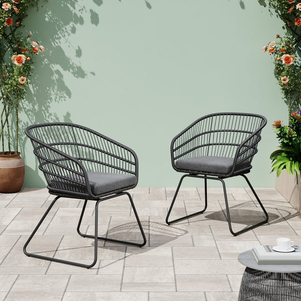 English Elm Christopher Knight Home® - TERRY Rattan Patio Chair Set (2) with Cushions, Gray Iron Frame, 300 lb Capacity, Quick Assembly N762P240844E