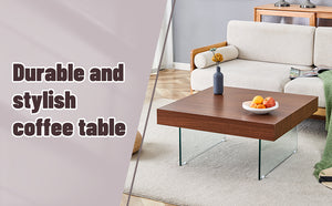 English Elm Walnut Square MDF Coffee Table 31.5"x31.5" with Tempered Glass Legs, Thick 4" Top, Anti-Slip Pads W1151P233512