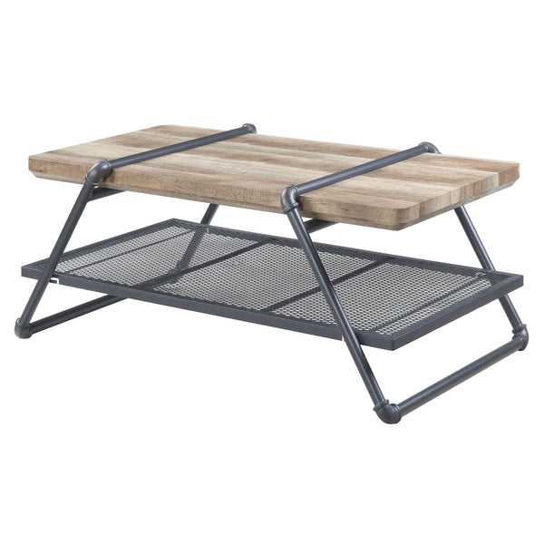 English Elm Oak Industrial Coffee Table With Sandy Grey Finish And Mesh Shelf For Modern Rustic Living Rooms B062P186437