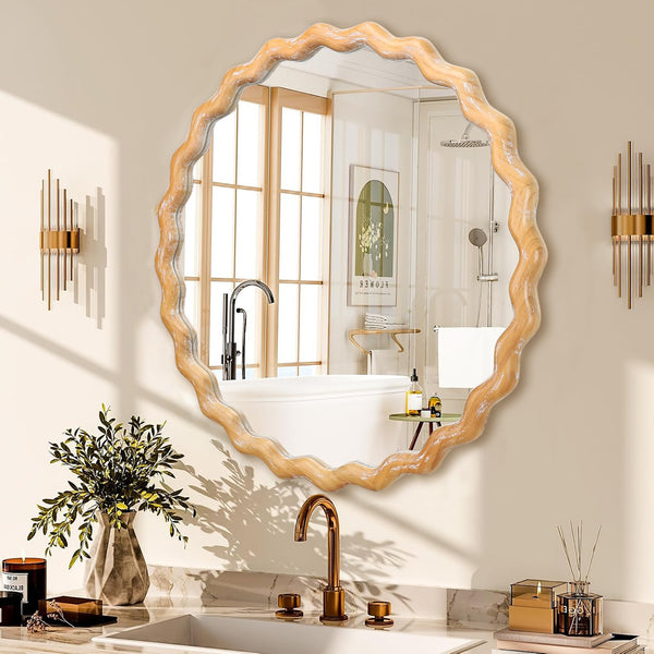 English Elm 27.5 Rustic Round Wavy Wall Mirror 27.5" Antique Natural Farmhouse Distressed Wood Frame Vintage Shine W2295P306932