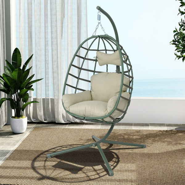 English Elm Egg Hanging Chair with Stand Pe Rattan Swing Seat Washable Cushion Patio Bedroom T5880P497440