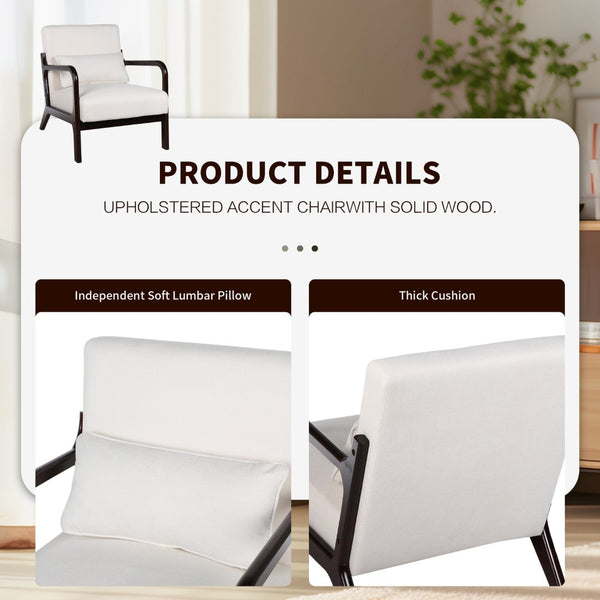 English Elm Mid Century Modern Accent Chair Solid Rubberwood Frame Lumbar Pillow Beige Living Room W2989P426360