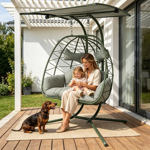 English Elm 2-person Wicker Egg Hanging Chair with Canopy Steel Stand Outdoor Patio Swing T5880P502250