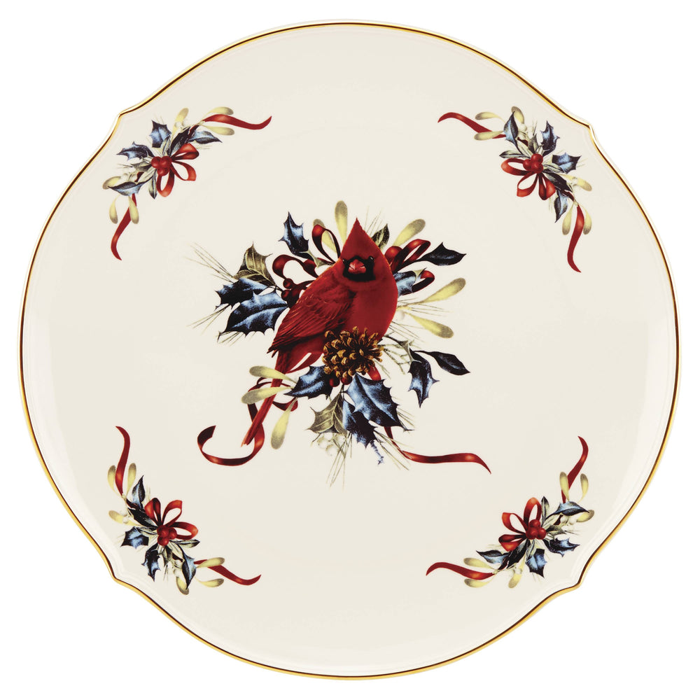 Lenox Winter Cardinal Porcelain Round Platter with Gold Scalloped Rim Holiday Serving 853785