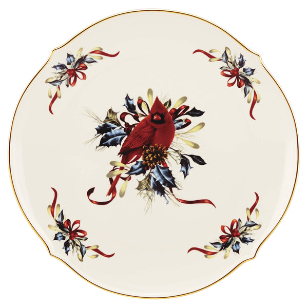 Lenox Winter Cardinal Porcelain Round Platter with Gold Scalloped Rim Holiday Serving 853785