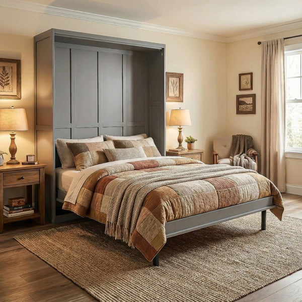 English Elm Rotating Queen Murphy Wall Bed with 14 Open Shelves Hydraulic Lift Space Saving Gray LP000962AAE