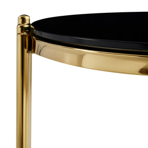 English Elm 16.9inch Round End Table Dual Tier Black Tempered Glass Gold Steel Frame Modern Accent W3357P395504