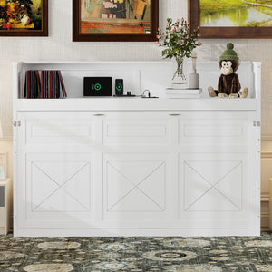 English Elm Twin XL Murphy Bed with Desk, LED Lighting and USB Charging Station — Space-Saving Solid Pine Design White N7090005001W