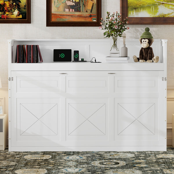 English Elm Twin XL Murphy Bed with Desk, LED Lighting and USB Charging Station — Space-Saving Solid Pine Design White N7090005001W