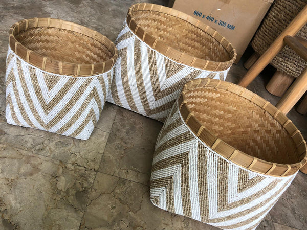 Lilys Set Of 3 Beaded Bamboo Baskets 12X12X9H 8539