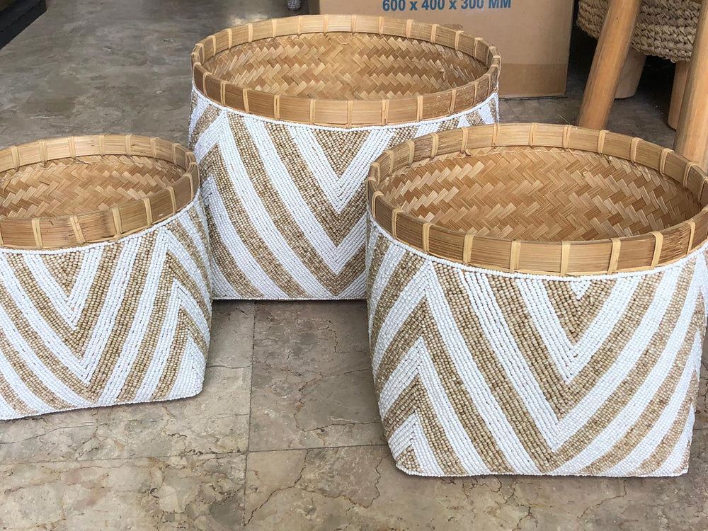 Lilys Set Of 3 Beaded Bamboo Baskets 12X12X9H 8539