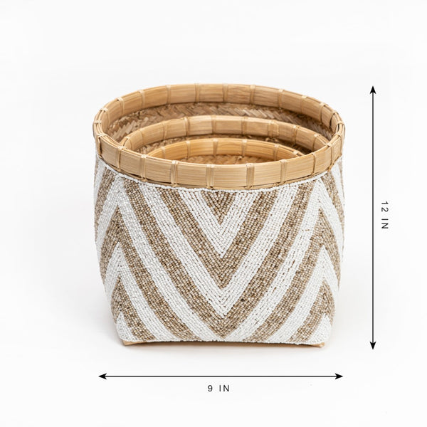 Lilys Set Of 3 Beaded Bamboo Baskets 12X12X9H 8539