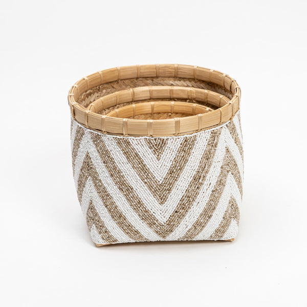 Lilys Set Of 3 Beaded Bamboo Baskets 12X12X9H 8539