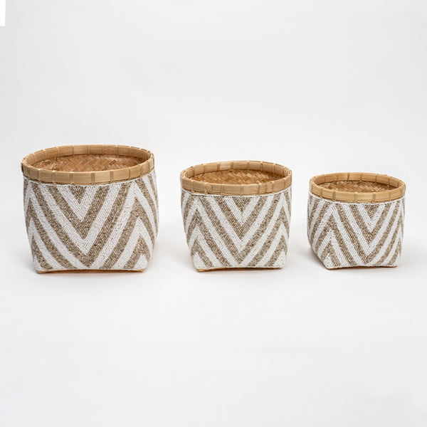 Lilys Set Of 3 Beaded Bamboo Baskets 12X12X9H 8539