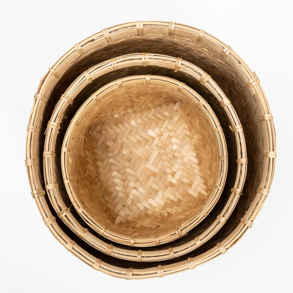 Lilys Set Of 3 Beaded Bamboo Baskets 12X12X9H 8539