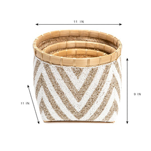 Lilys Set Of 3 Beaded Bamboo Baskets 12X12X9H 8539