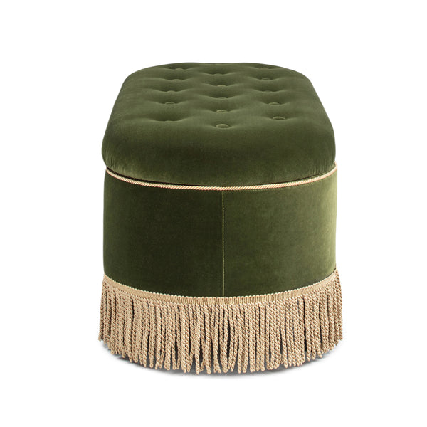 English Elm Jennifer Taylor Home - Melinda Oval Tufted Storage Bench with Bullion Fringe, Gold Velvet Upholstery, Vintage Charm Olive Green B2719P238472