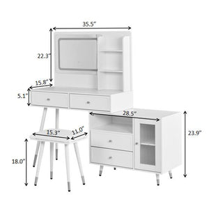 English Elm Modern Makeup Vanity Desk with LED 3-Color Mirror, Built-In Power Station, Sliding Cabinet, Stool White N844P288432A