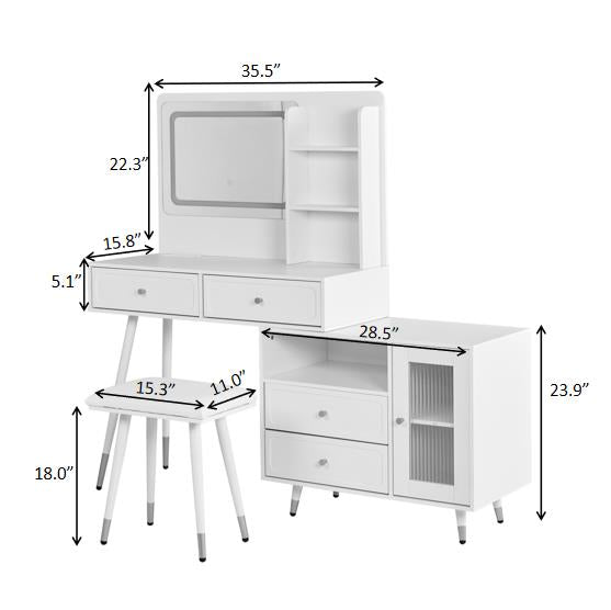 English Elm Modern Makeup Vanity Desk with LED 3-Color Mirror, Built-In Power Station, Sliding Cabinet, Stool White N844P288432A