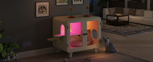 English Elm Cat Litter Box Enclosure Mdf Cabinet with Rgb Lighting Glass Doors and Play Loft Beige N704P419240A