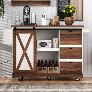 English Elm K&K 55.5" Farmhouse Kitchen Island with Sliding Barn Door, Drop Leaf, Charging Station, Wheels White N707P288229W