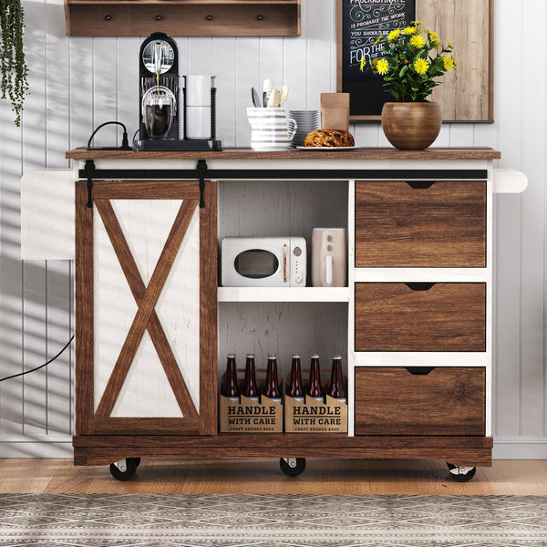 English Elm K&K 55.5" Farmhouse Kitchen Island with Sliding Barn Door, Drop Leaf, Charging Station, Wheels White N707P288229W
